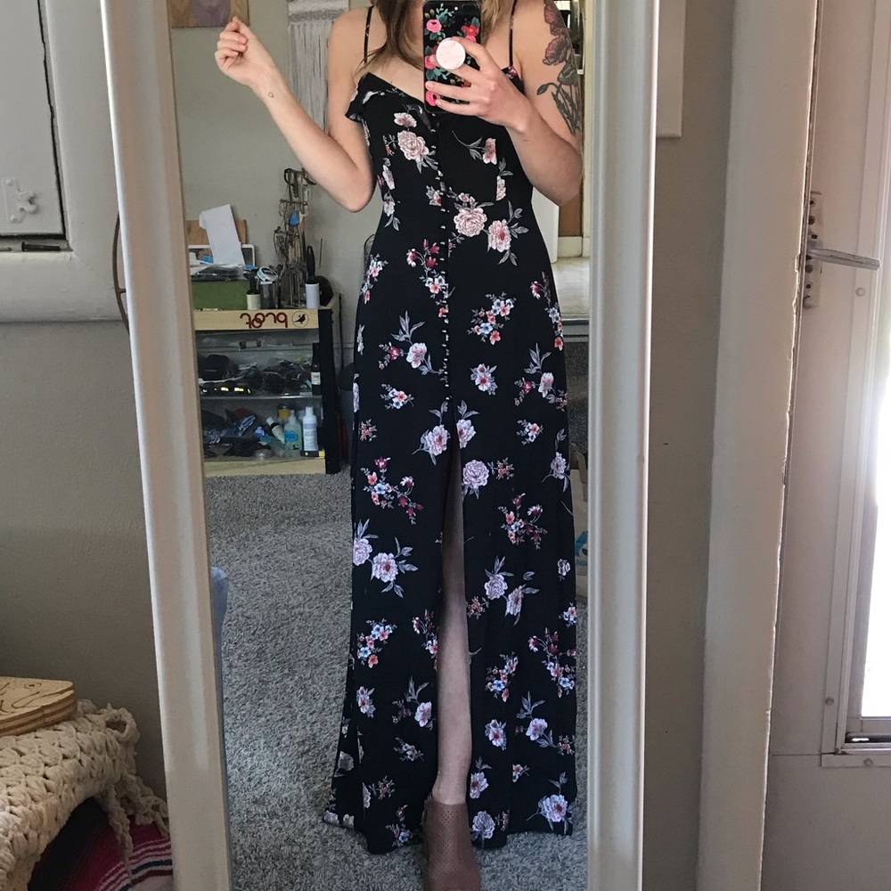 Gypsies & Moondust Black Floral Slit Maxi Dress